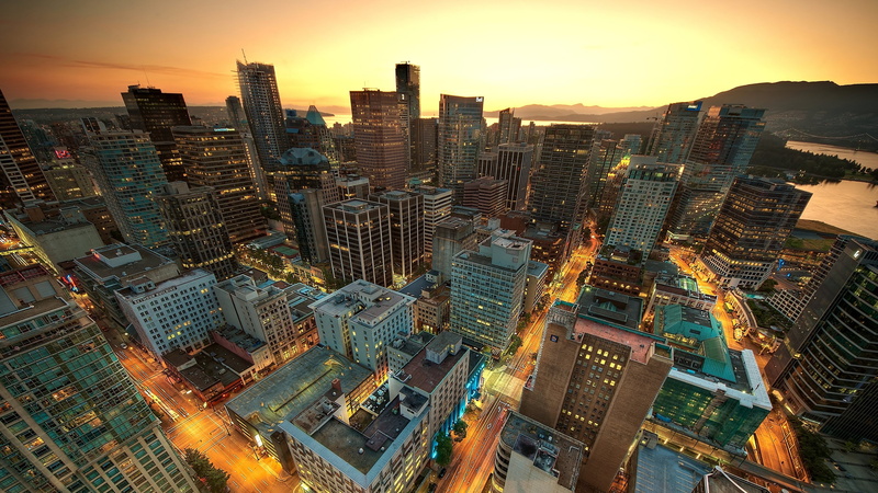 canada, orange sunset, vancouver, cityscape, tower block, city, skyscraper, british columbia, 4K, sky, sunset, downtown, metropolis, building, skyline