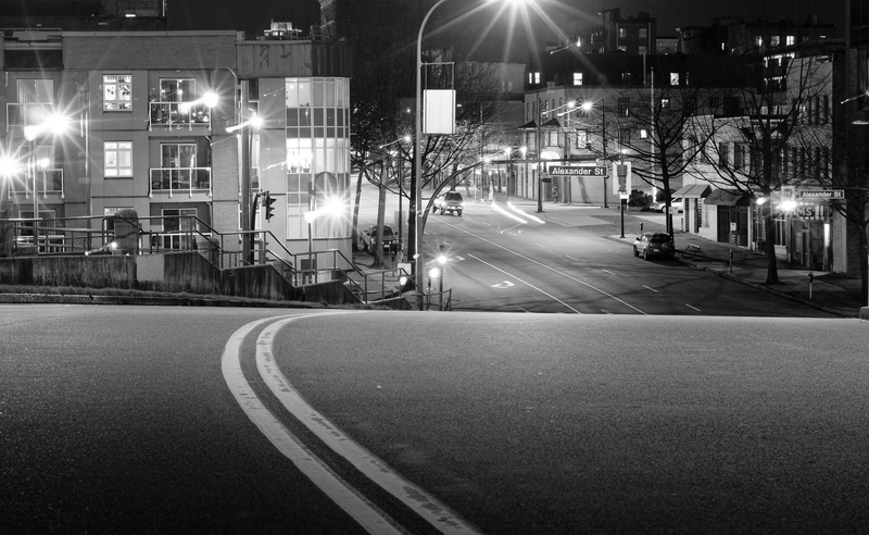 light beam, mode of transportation, road, building exterior, nightlife, no people, built structure, Vancouver, direction, bc, Black and White, city life