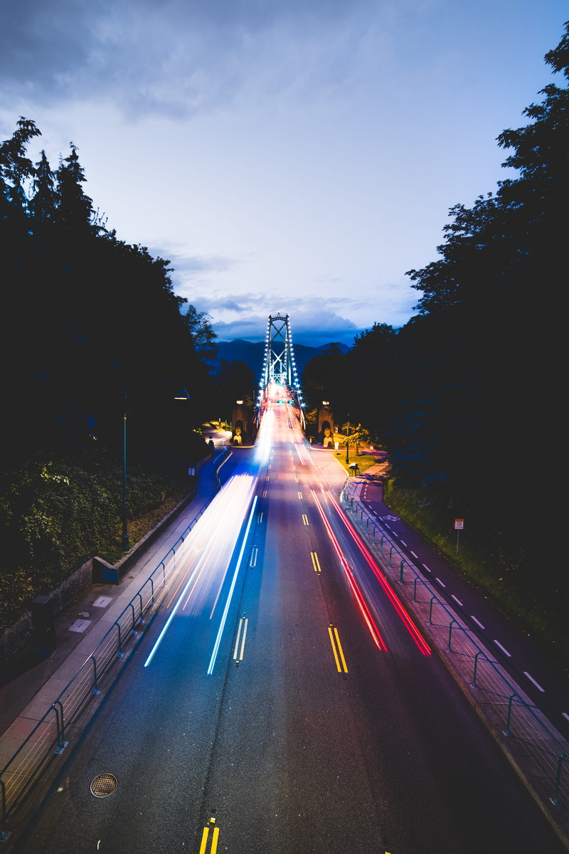 motion, street, illuminated, diminishing perspective, sky, glow, red, architecture, forest, motor vehicle, tree, light, the way forward, speed, nature
