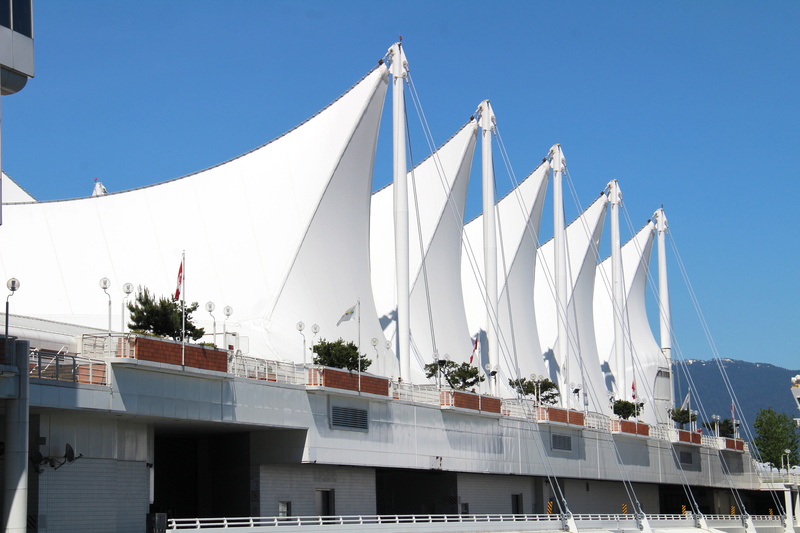built structure, tree, day, no people, 5K, modern, blue, vancouver, white color, white, canada, architecture, tourism, city, canada place, low angle view