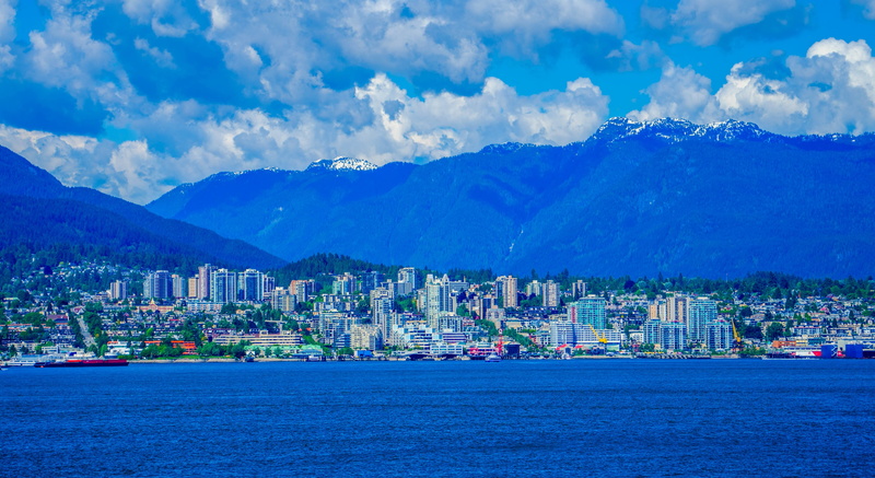 skyscraper, waterfront, mountain peak, nature, cityscape, vancouver, transportation, outdoors, built structure, water, canada, day, city, mountain, cloud - sky