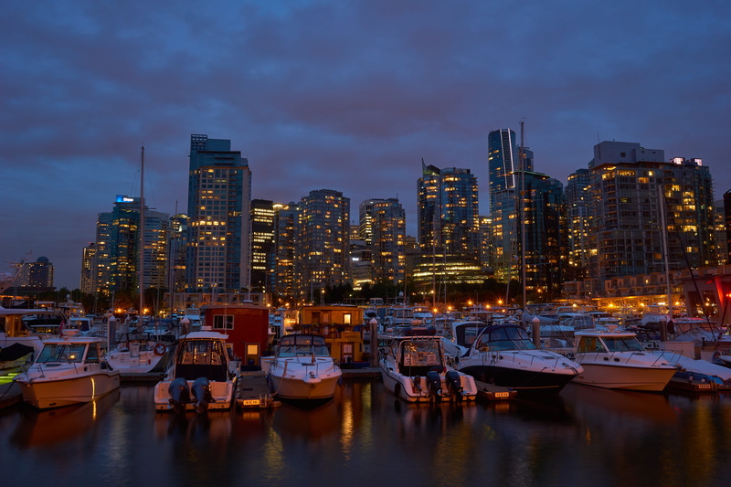 building exterior, night, urban, modern, vancouver, financial district, port, yacht, no people, office building exterior, water, 5K, places of interest