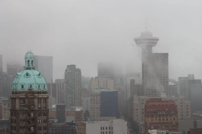 fog, building, financial district, skyscraper, sky, pollution, city, buildings, tall - high, smog, office building exterior, vancouver, outdoors, mist