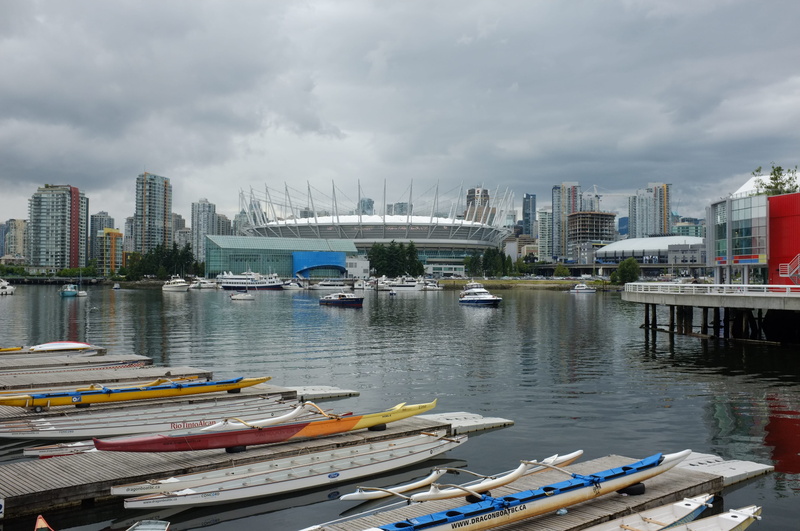 river, transportation, outdoors, building exterior, cityscape, false creek, office building exterior, skyscraper, vancouver, mode of transportation, bridge - man made structure