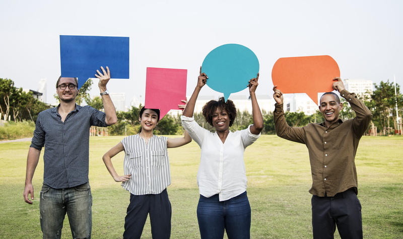 woman, teamwork, friendship, smiling, happiness, thinking, friends, african, 4K, caucasian, limb, speech bubble, human limb, clouds, men, positive emotion
