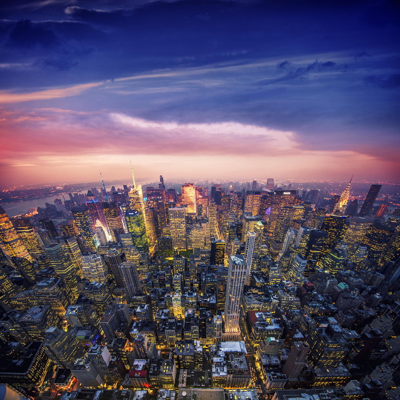 city, Sunset, new, york, lot, Skyscrapers, New York, evening, United States, lights, 1080P, New York City, skyscapers, building