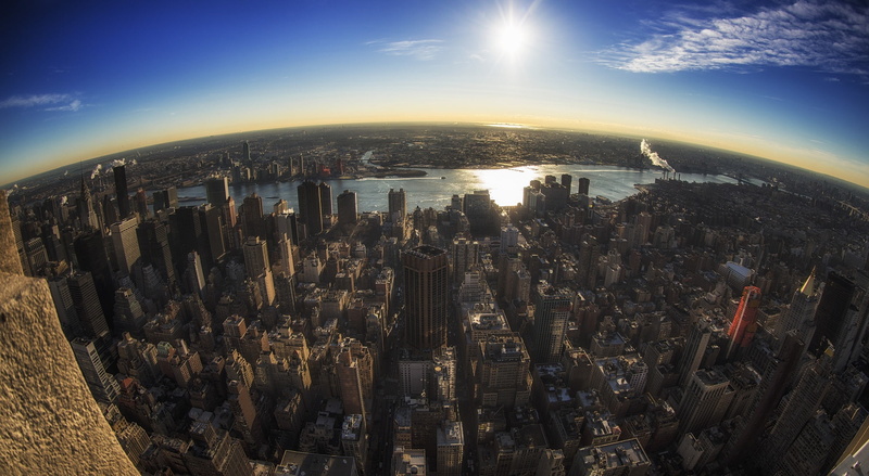 Sunrise, cityscape, 1080P, sunlight, skyscraper, newyork, high angle view, sky, aerial view, architecture, Urban, urban skyline, fish-eye lens, sonya7r