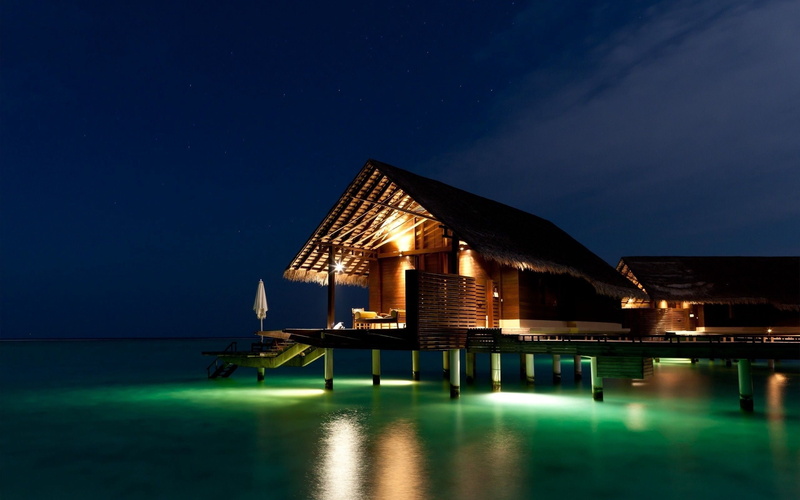 relaxation, travel Destinations, sunset, water, night, bungalow, bay Of Water, tourism, modern, holiday Villa, building Exterior, tropical, architecture