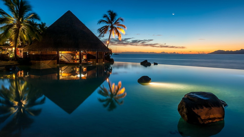 horizon, sea, sunset, bungalow, palm trees, 1080P, stones