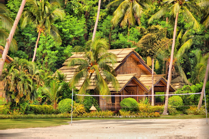 treas, 2K, bungalow, island, near, coconut, Philippines, house, Samal, green, palm trees, brown, beige, hut