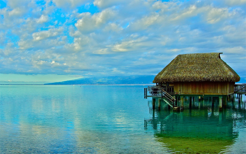 french, 2K, moorea, tropics, sea, bungalow, sky, nature, polynesia