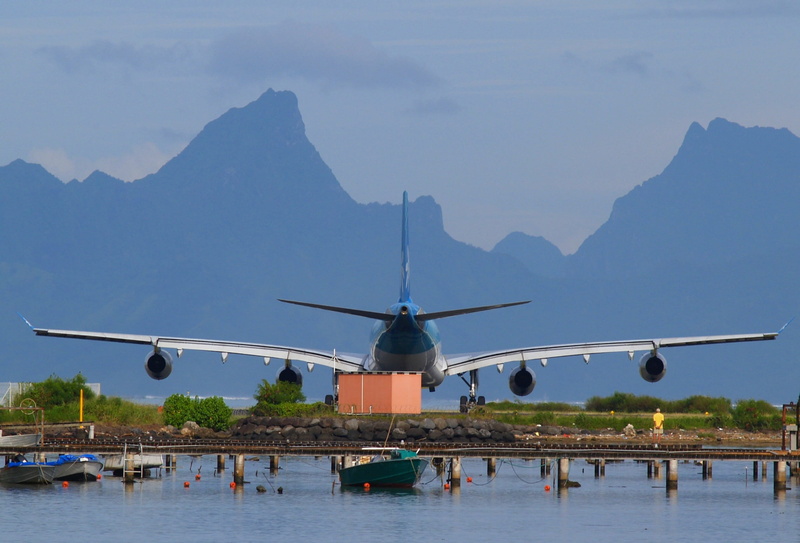 no people, mode of transportation, transportation, sky, water, nature, mountain, polynesia, outdoors, day, reflection, flying, air vehicle, 1080P, built structure
