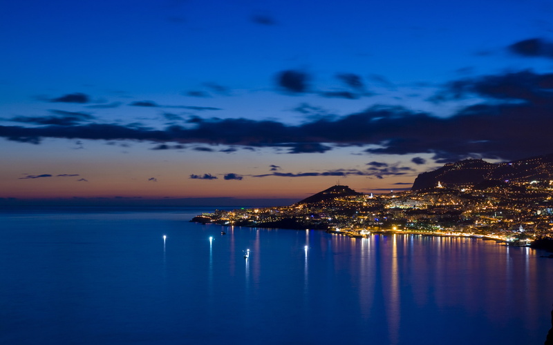 water, nature, cityscape, illuminated, horizon over water, bay, tranquility, scenics - nature, lights, seascape, sunset, blue, waterfront, cloud - sky