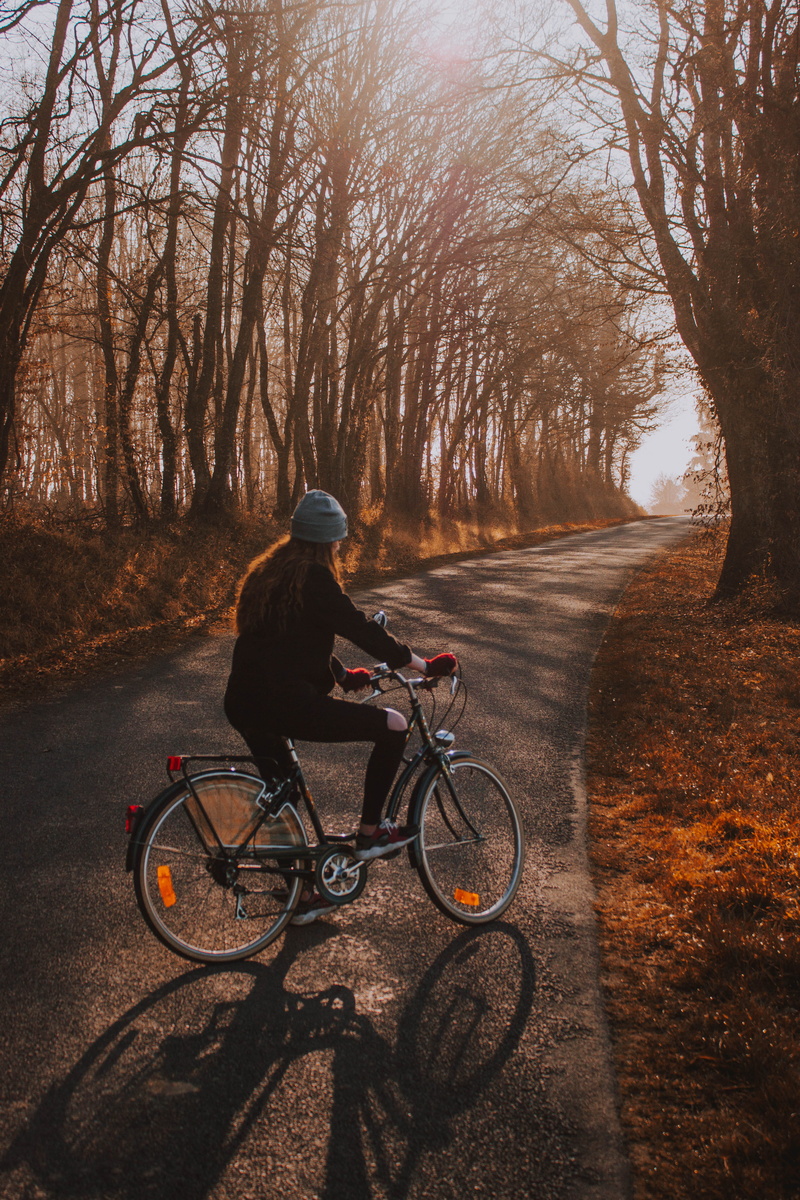 sport, sun, riding, woman, road, machine, bike, outdoors, 4K, day, nature, bicycle, dirt road, one person, cyclist, gray, tree, vehicle, biking, pavement