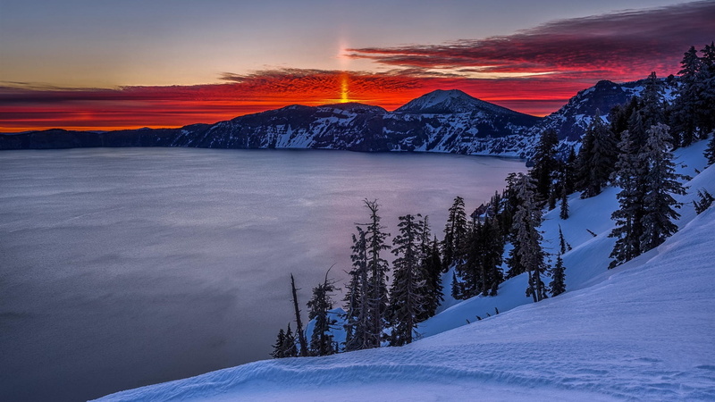 Winter, Crater, Snow, Mountains, 1080P, Sunrise, Lake, Dawn