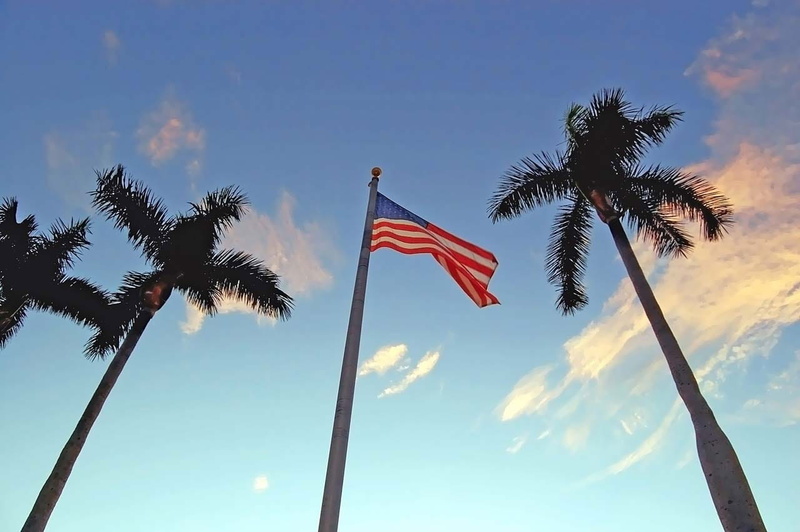 sky, national icon, cloud - sky, independence, tropical climate, palm leaf, nature, tree, Flagstaff, sunset, low angle view, tree trunk, American, wind