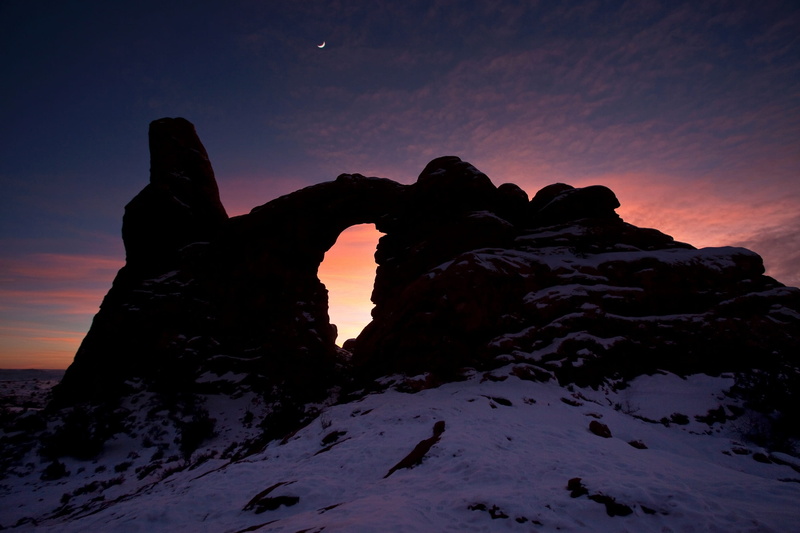 mountain peak, orange color, sky, scenics - nature, scenic, silhouette, snow, sunrise, geology, moon, sandstone arch, usa, natural, dawn, waxing, rock
