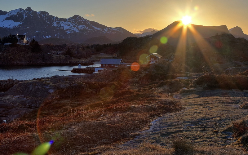 1080P, Sun, River, Mountains, Norway, Village, Morning, Houses, Rays, Glare