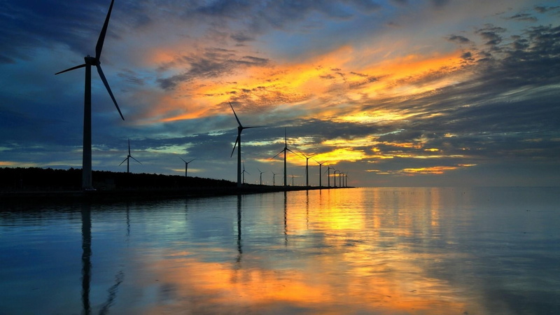 fuel and power generation, alternative energy, electricity, clouds, turbine, nature, orange color, cloud - sky, reflaction, 1080P, reflection, power supply