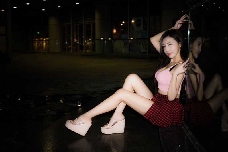Asian, shirt, crop top, women outdoors, 1080P, looking at viewer, hoop earrings, women, brunette, model, arms up, sitting, heels