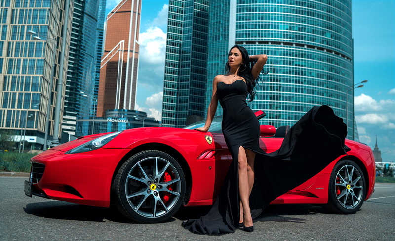 hoop earrings, black dress, women with cars, brunette, 1080P, Ferrari, building, women, women outdoors, looking away, tight dress