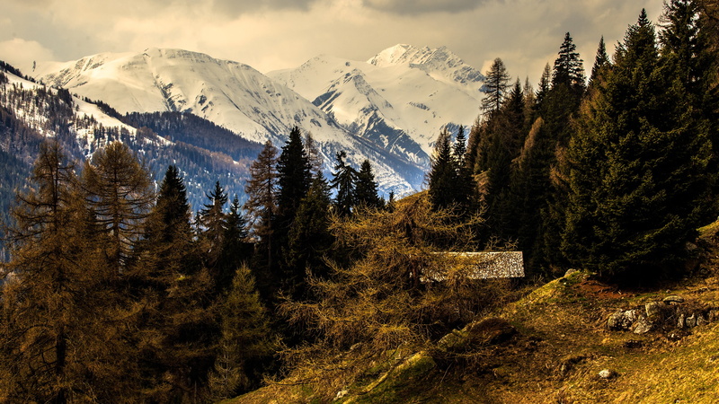 winter, sky, no people, beauty in nature, snowcapped mountain, mountain, tree, cold temperature, mountain peak, hut, scenics - nature, cloud, growth, pine tree