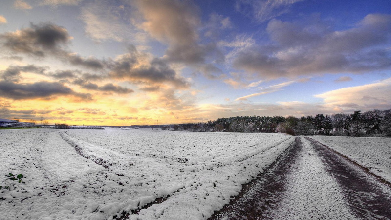 white, snowfield, 1080P, farms, winter, rural, clouds, nature and landscapes, plain, roads, road