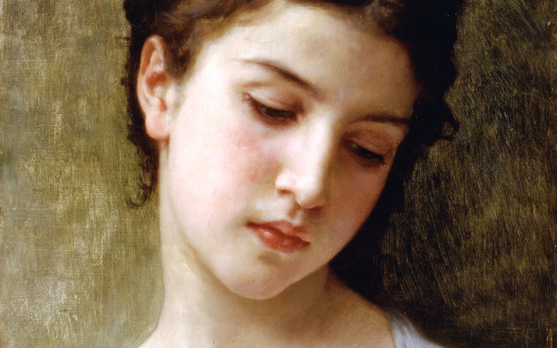 face, woman, painting, william, teenager, adolphe, sadness, bouguereau, indoors, depression - sadness, textured effect, looking, hair, front view, art