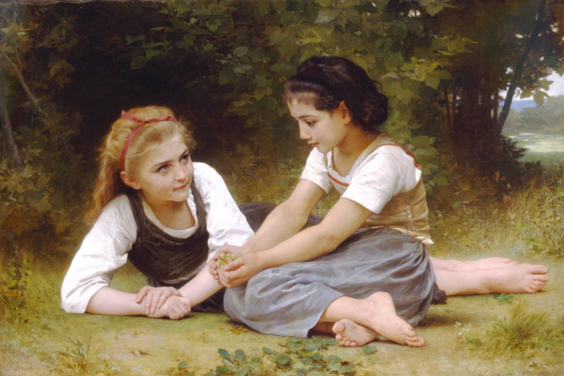 offspring, childhood, 720P, Art And Creative, bouguereau, tree, baby, girls, william, casual clothing, skirt, grass, people, gray, togetherness, two people