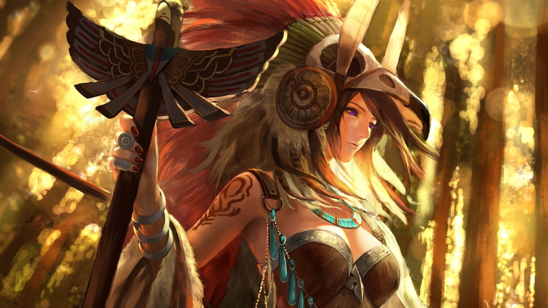 bare shoulders, trees, looking away, women, tattoo, anime, Native American clothing, cleavage, forest, feathers, bangs, fantasy art, Native Americans, spear