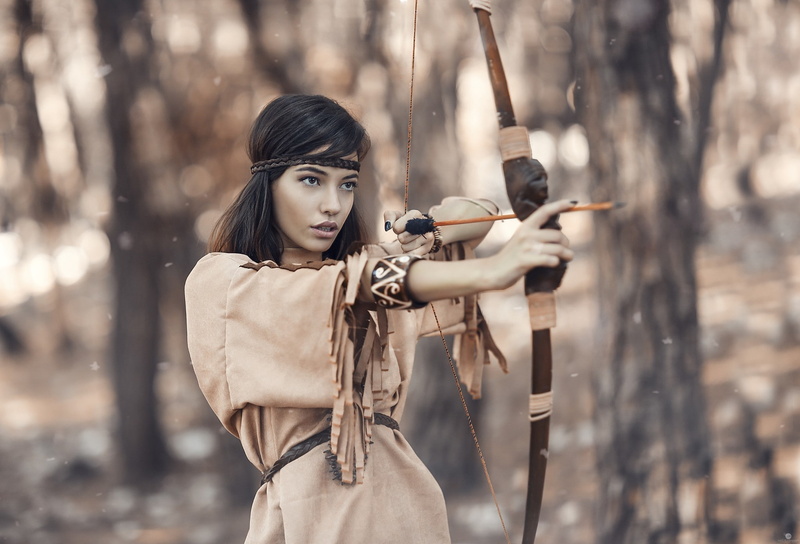 looking at camera, Native American Clothing, woodland, Bow And Arrow, hairstyle, beautiful woman, young adult, portrait, 1080P, photography, front view