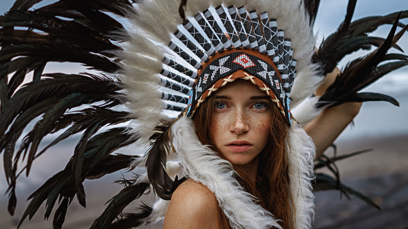 headdress, young woman, 1080P, bare shoulders, Georgy Chernyadyev, parted lips, portrait, model, women, blue eyes, women outdoors, freckles, looking at viewer