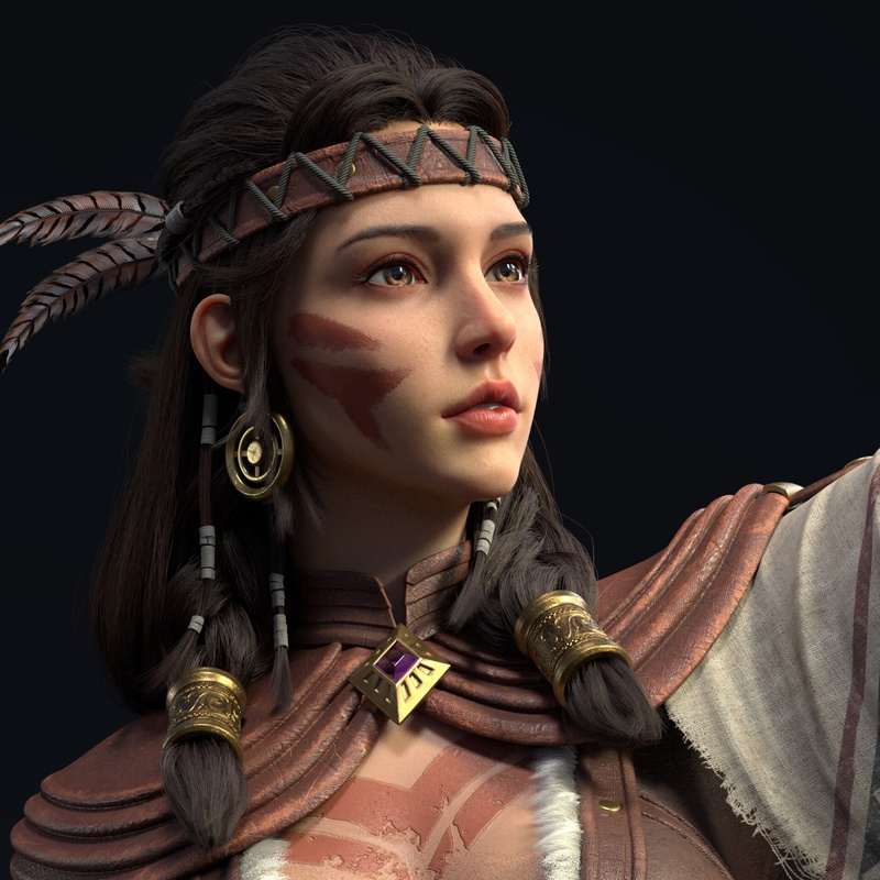 face paint, women, portrait, Zhao Jin, gold, brown eyes, Native American clothing, hair accessories, feathers, 1080P, simple background, CGI, headband