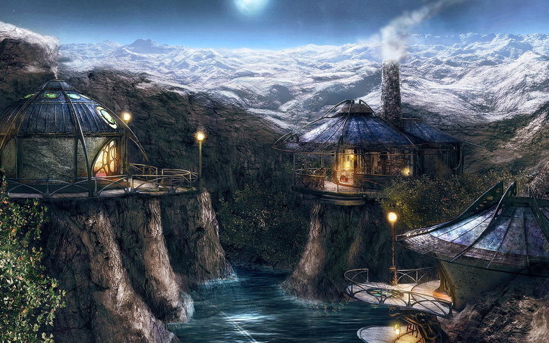 scenics - nature, Myst: Riven, nature, illuminated, no people, winter, water, tranquility, built structure, mountain, mountain range, 720P, video games