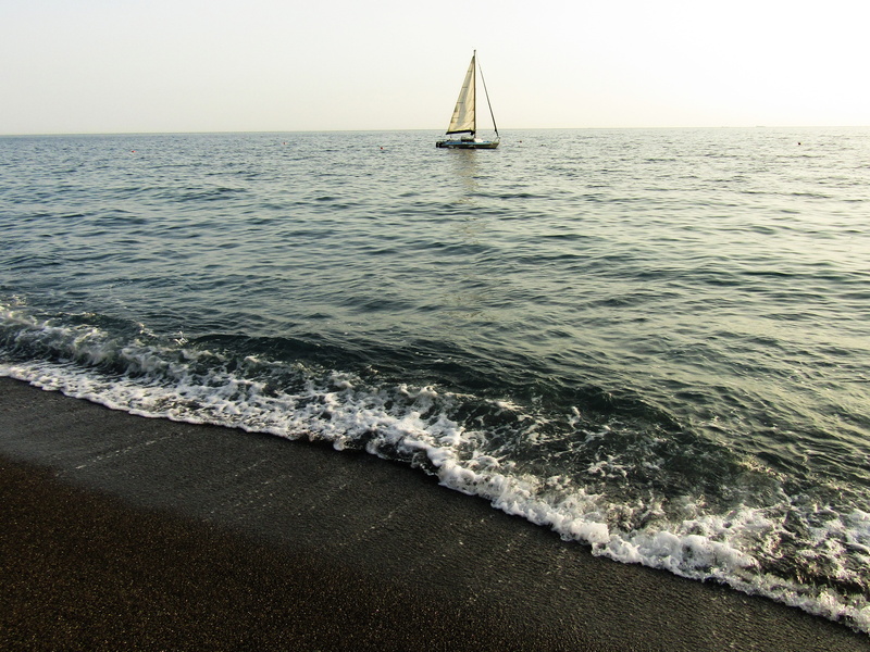 sky, transportation, beauty in nature, 4K, sailing, waves, holidays, ligury, yachting, no people, black sand, punta corvo, outdoors, sea, land, nautical vessel