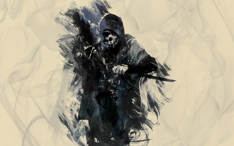 no people, male likeness, textile, representation, front view, day, nature, Corvo, indoors, Fan Art, clothing, Dishonored, black color, lying down, 1080P