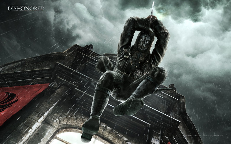 killer, window, hood, clouds, 1080P, house, assassins, jump, dagger, Corvo, bodyguard, Dishonored