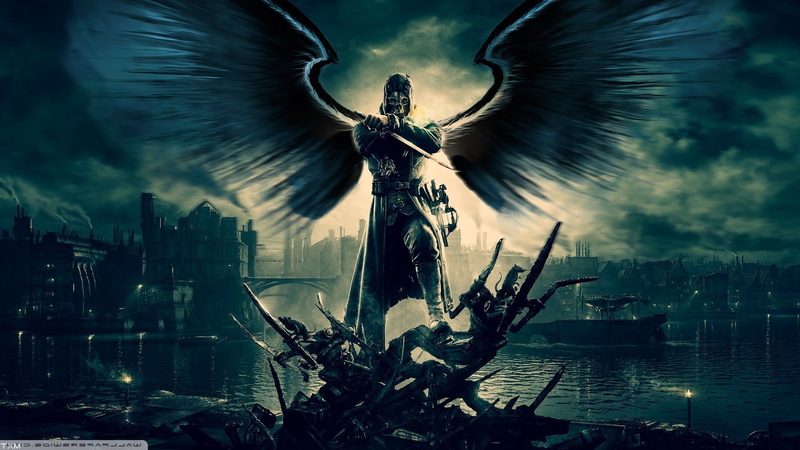 city, water, art and craft, blurred motion, statue, religion, sky, video games, digital composite, Dishonored, architecture, demon, built structure, angel