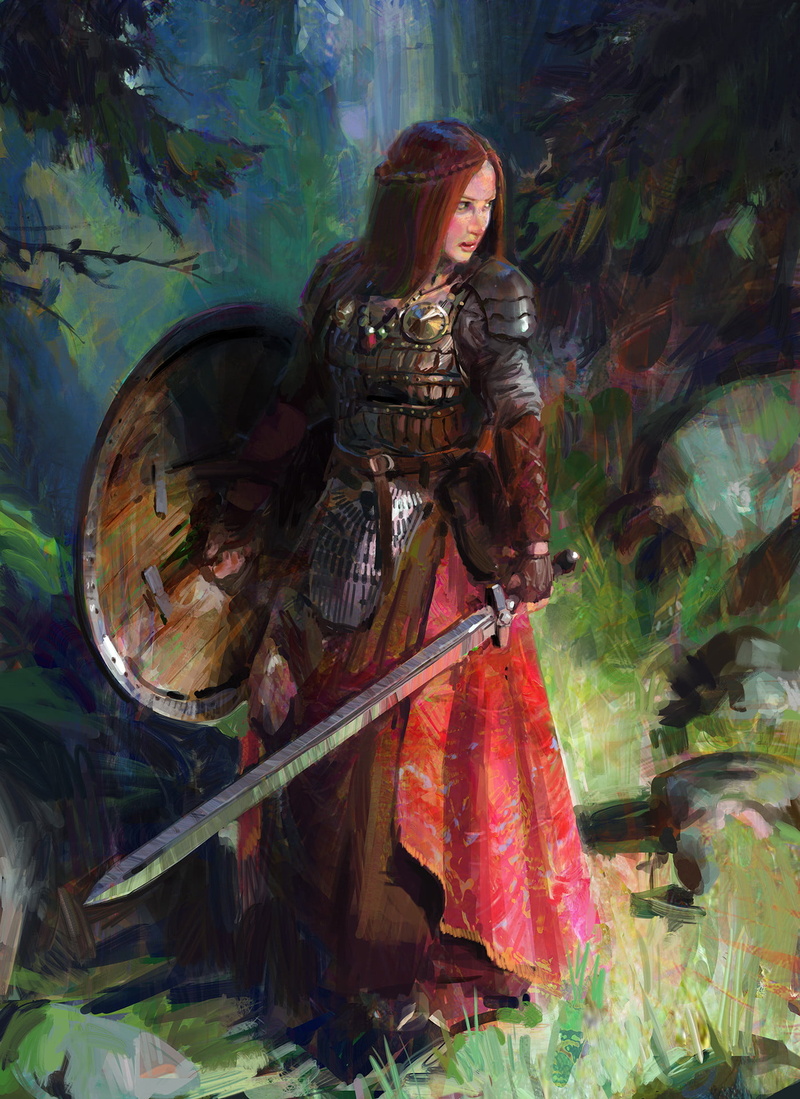 warrior, drawing, 1080P, shield, ArtStation, Armored, looking away, sword, knight, John Wallin Liberto, looking at the side, forest, artwork, redhead