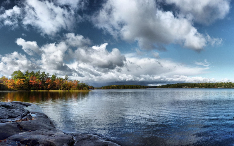 autumn, smooth, smooth surface, 2K, lake, sky, surface, trees, clouds, water
