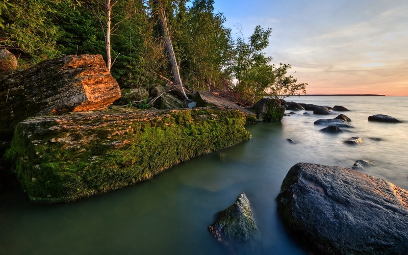 flowing water, tranquility, 1080P, land, water, sky, long exposure, rock, plant, moss, near, plates, coast, sea, no people, sunset, stones