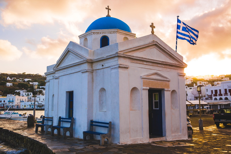church, no people, sky, water, 5K, dome, nature, building, belief, white, port, place of worship, outdoors, spirituality, buildins, greece, built structure