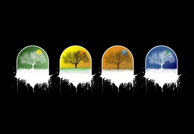 art, autumn, seasons, black, background, hd, 720P, x, Winter, nature, minimalistic, trees, summer, spring