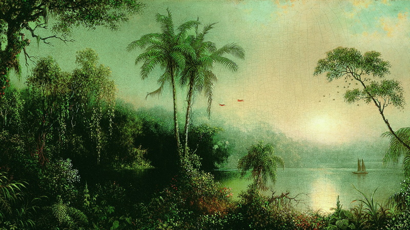 Trees, artwork, Martin Johnson Heade, Jungle, 1080P, painting, clouds, Sailing Ship, Nicaragua, water, Palm Trees, landscape, nature