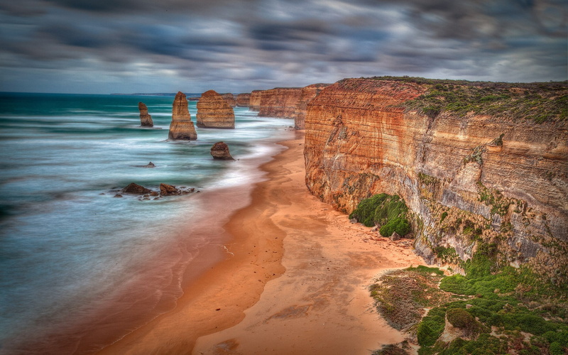 stack rock, cliff, motion, non-urban scene, rock - object, solid, water, day, cloud - sky, nature, beauty in nature, beach, land, horizon over water, pc  in nature 1920x1200