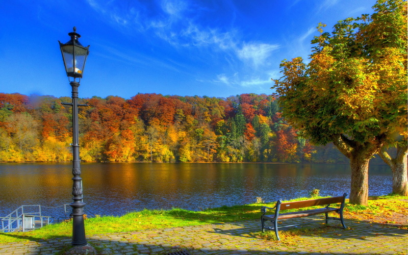 street, water, outdoors, autumn, change, nature, bench, seat, park, 1080P, lighting equipment, beauty in nature, no people, park bench, orange color, nature pictures for pc 1920x1200
