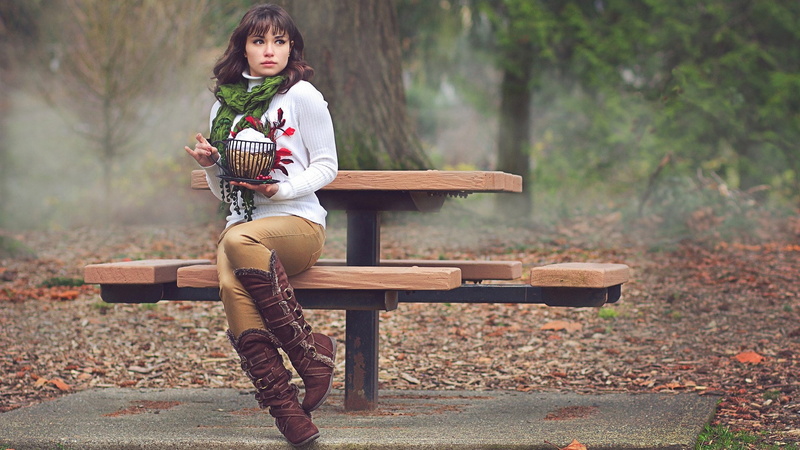 sitting, full length, park, casual clothing, child, pc  girl 1920x1080, park bench, 1080P, bench, innocence, leaf, park - man made space, tree, offspring