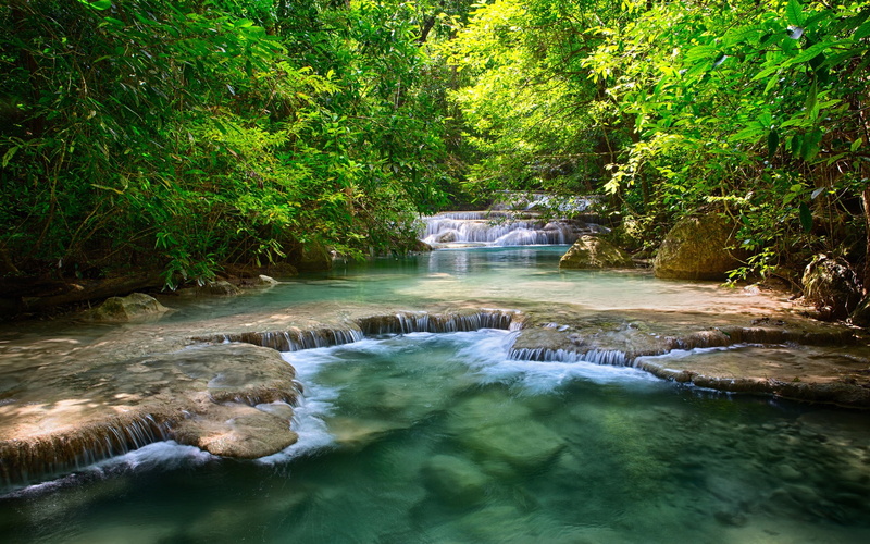 River, Trees, Leaves, Greenery, Thailand, 1080P, Waterfalls