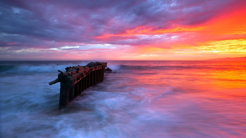 wooden post, dramatic sky, beauty in nature, seascape, wave, beach, sunset, long exposure, nature, horizon, pc  nature hd pictures 1920x1080, dusk, sea