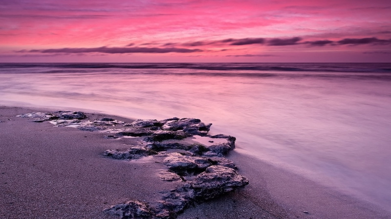 rock - object, cloud - sky, pink color, scenics - nature, purple, sunset, rocky coastline, romantic sky, 1080P, solid, beach, no people, water, land, rock